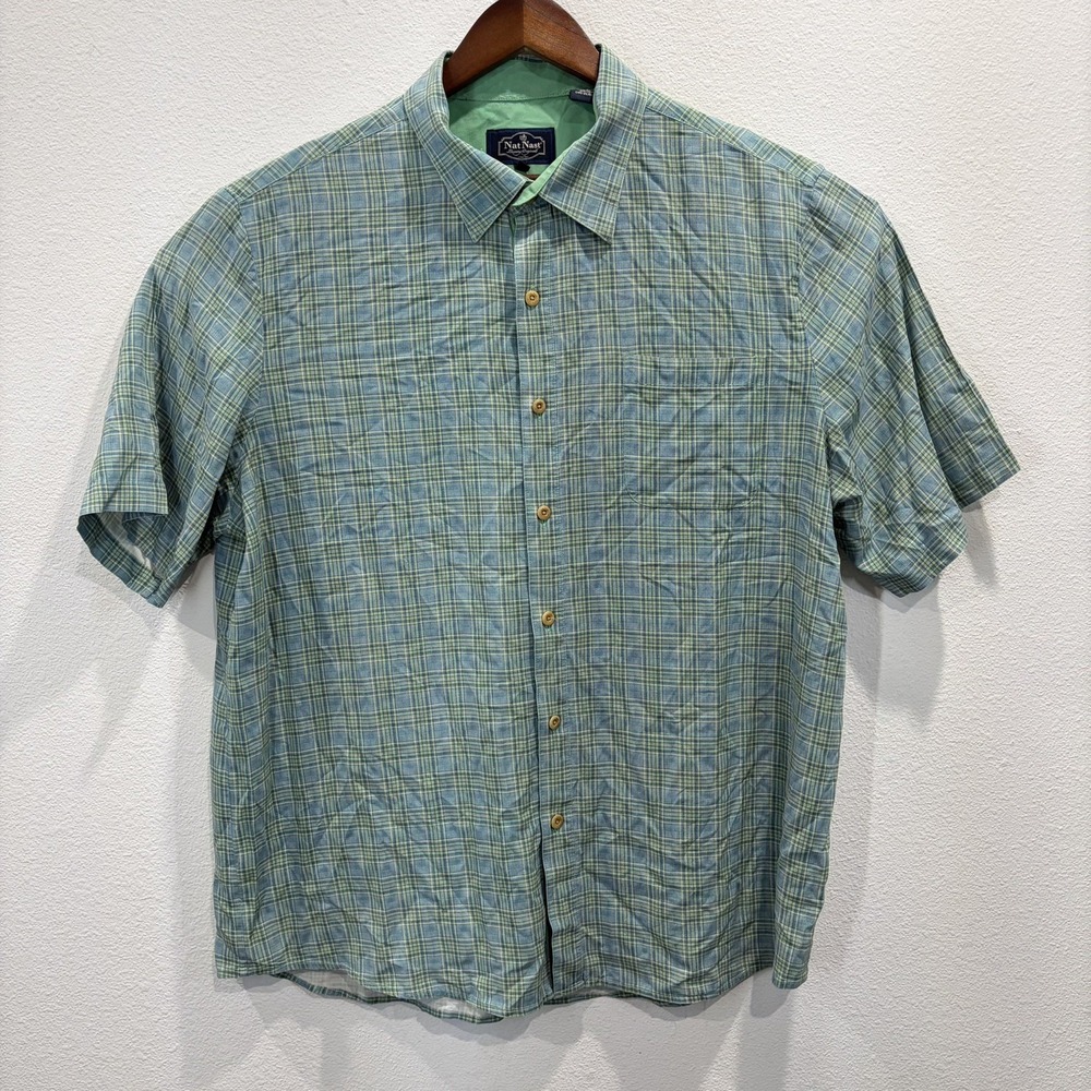 Nat Nast 100% Silk Plaid Green Button Front Shirt Mens Size XL Checkered